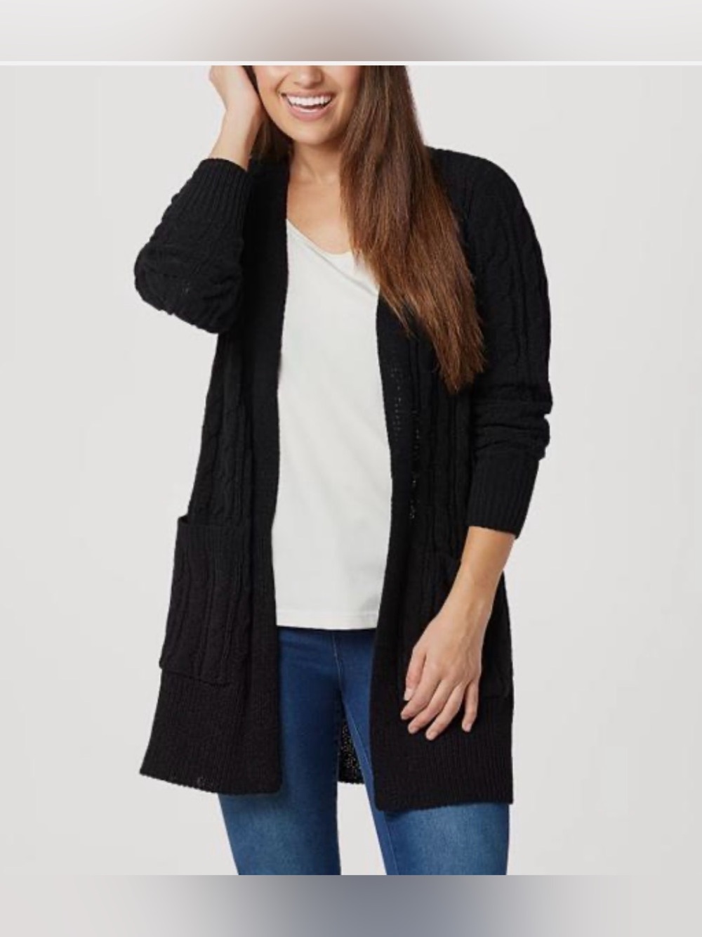 Denim & Co. Chenille Open-Front Sweater Cable Knit Cardigan patch pockets  XXS
